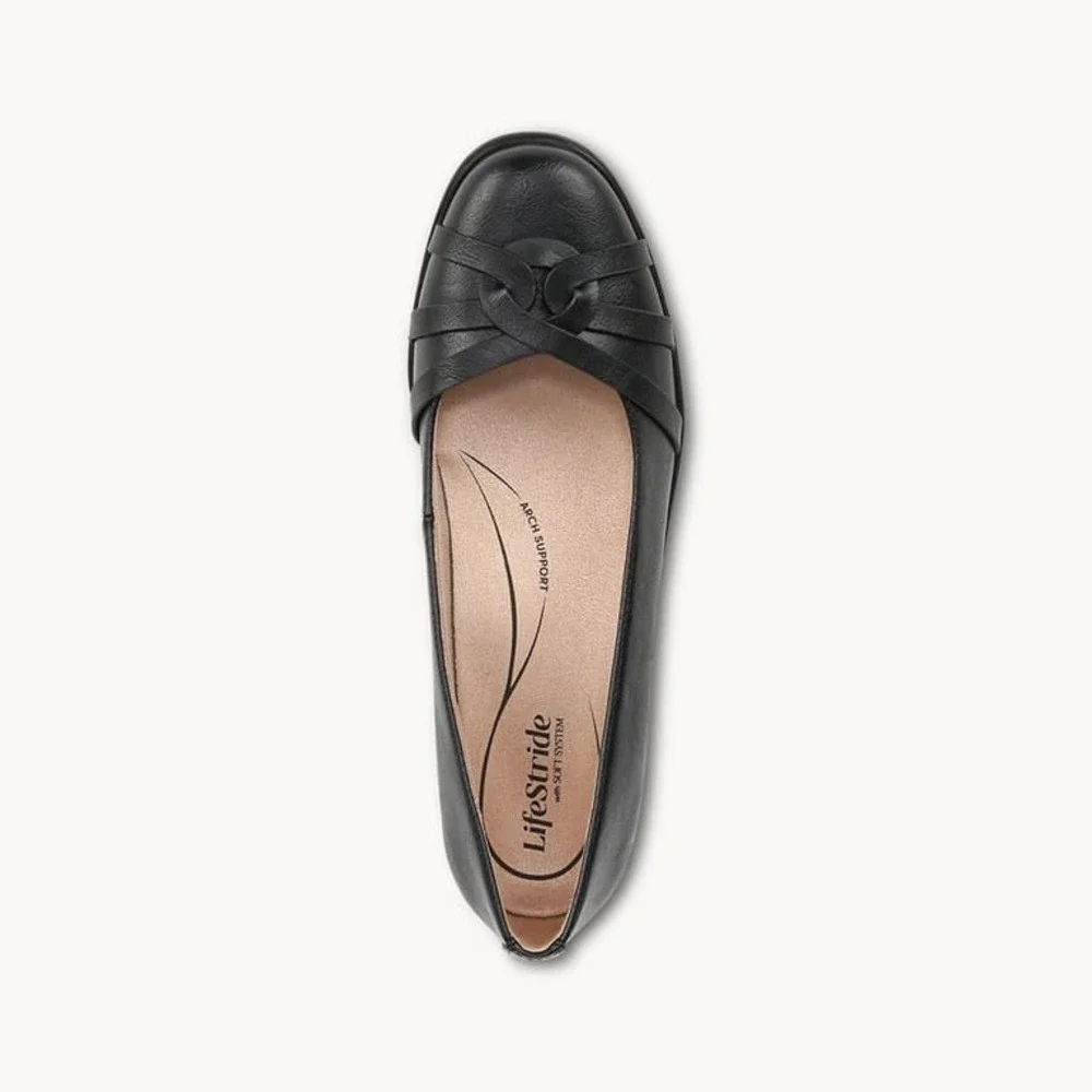 LifeStride Jorie Black Tumbled Faux Leather Ballet Wedge Shoes Womens Sz 7W